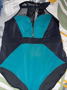 Adore Me - Teal and Black Mesh One-Piece Swimsuit in 4X